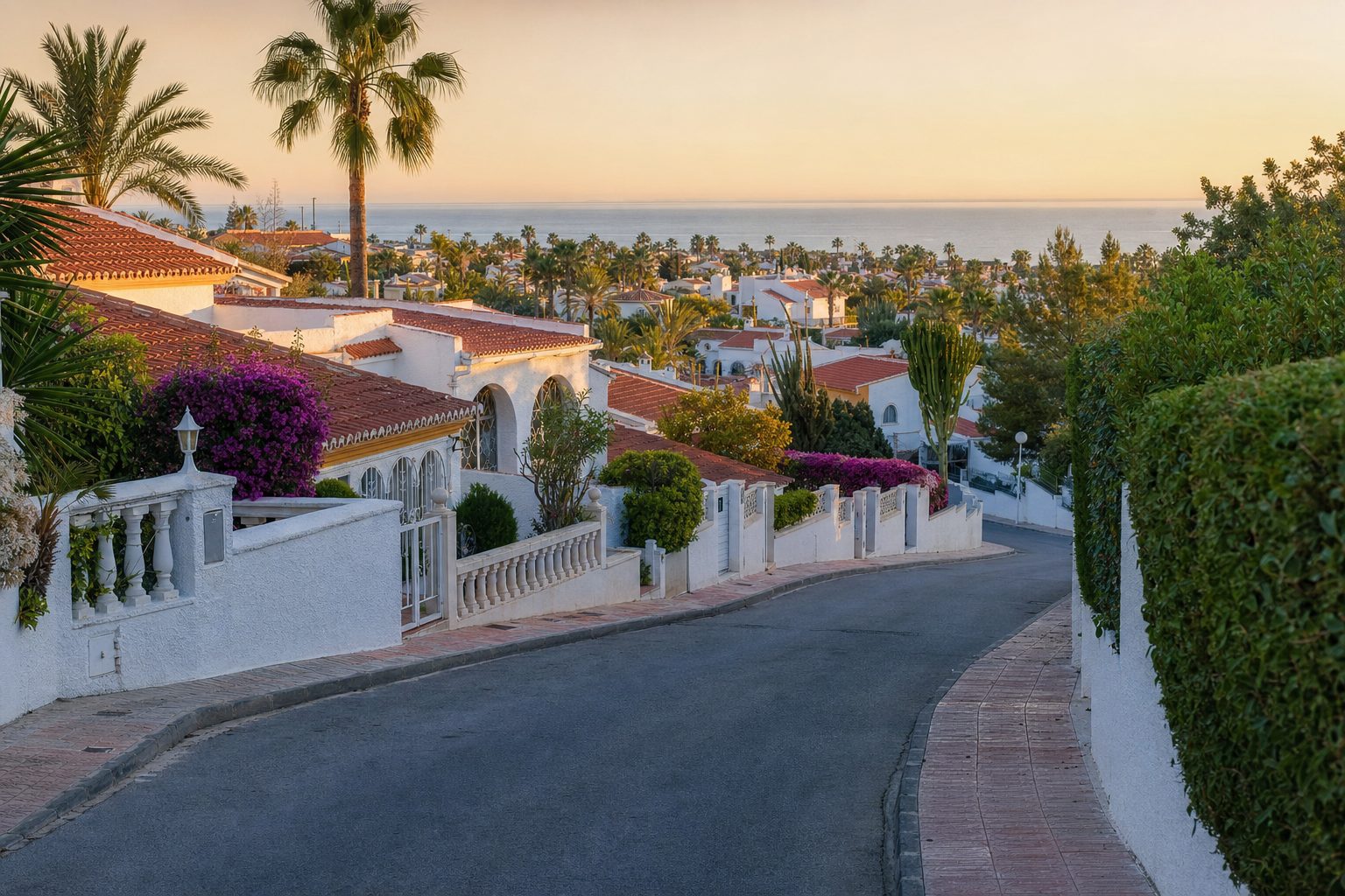 Residential street in the Orihuela Costa area at golden hour
