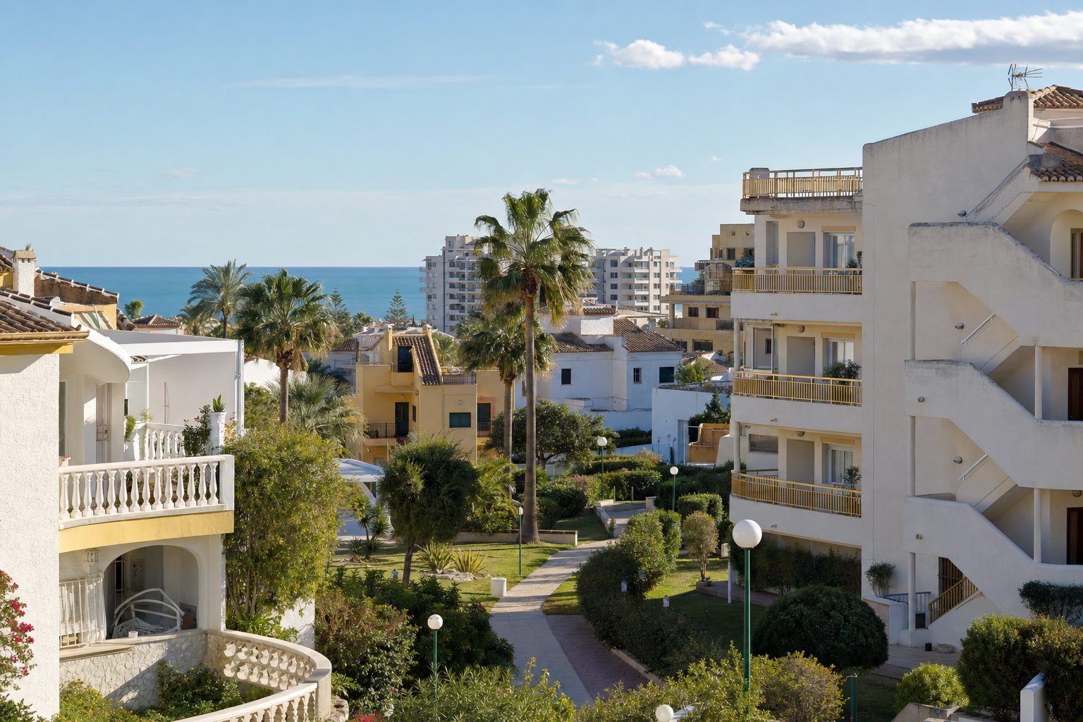 Residential street in Los Dolses with a glimpse of the sea
