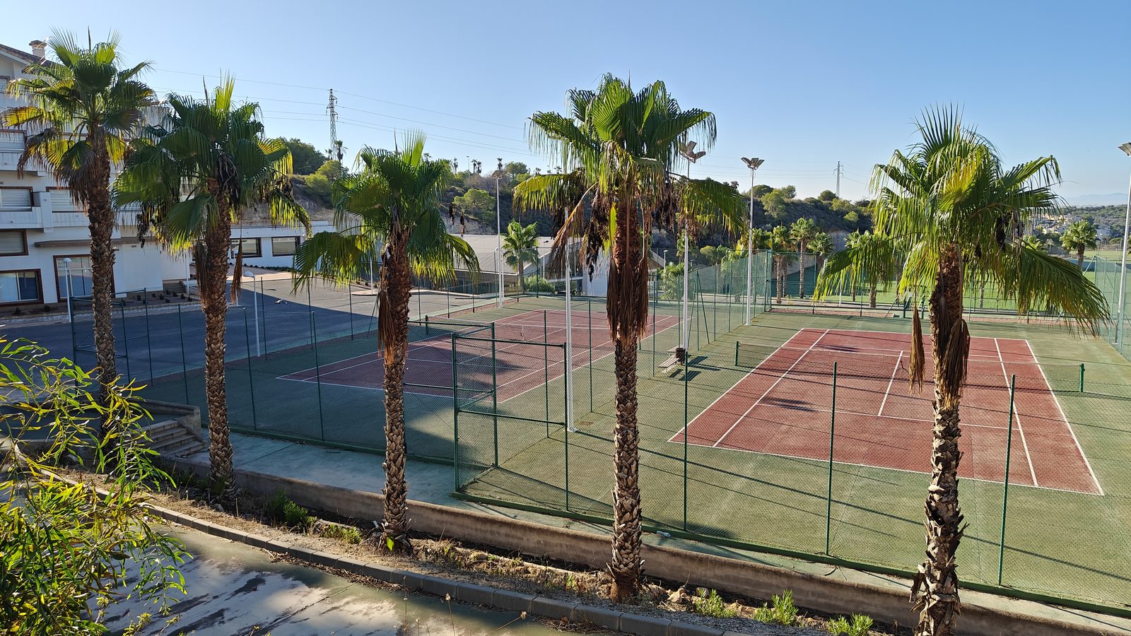 Courts de tennis extérieurs entre les palmiers au complexe de Campoamor