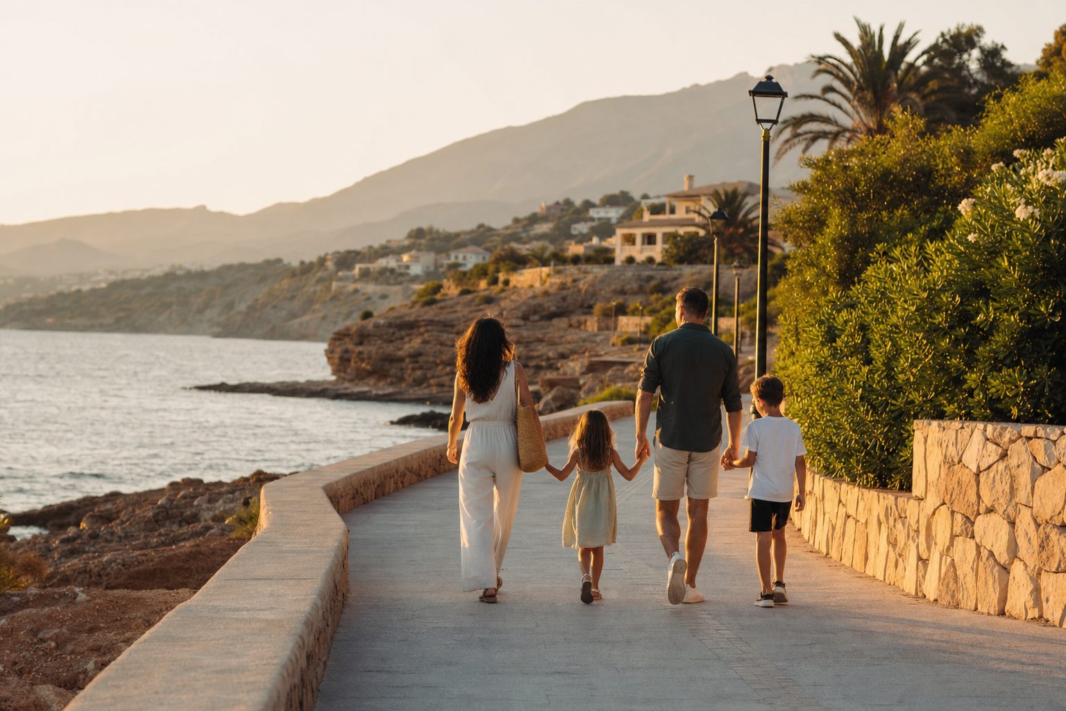 Family walking along a coastal promenade on the Costa Blanca