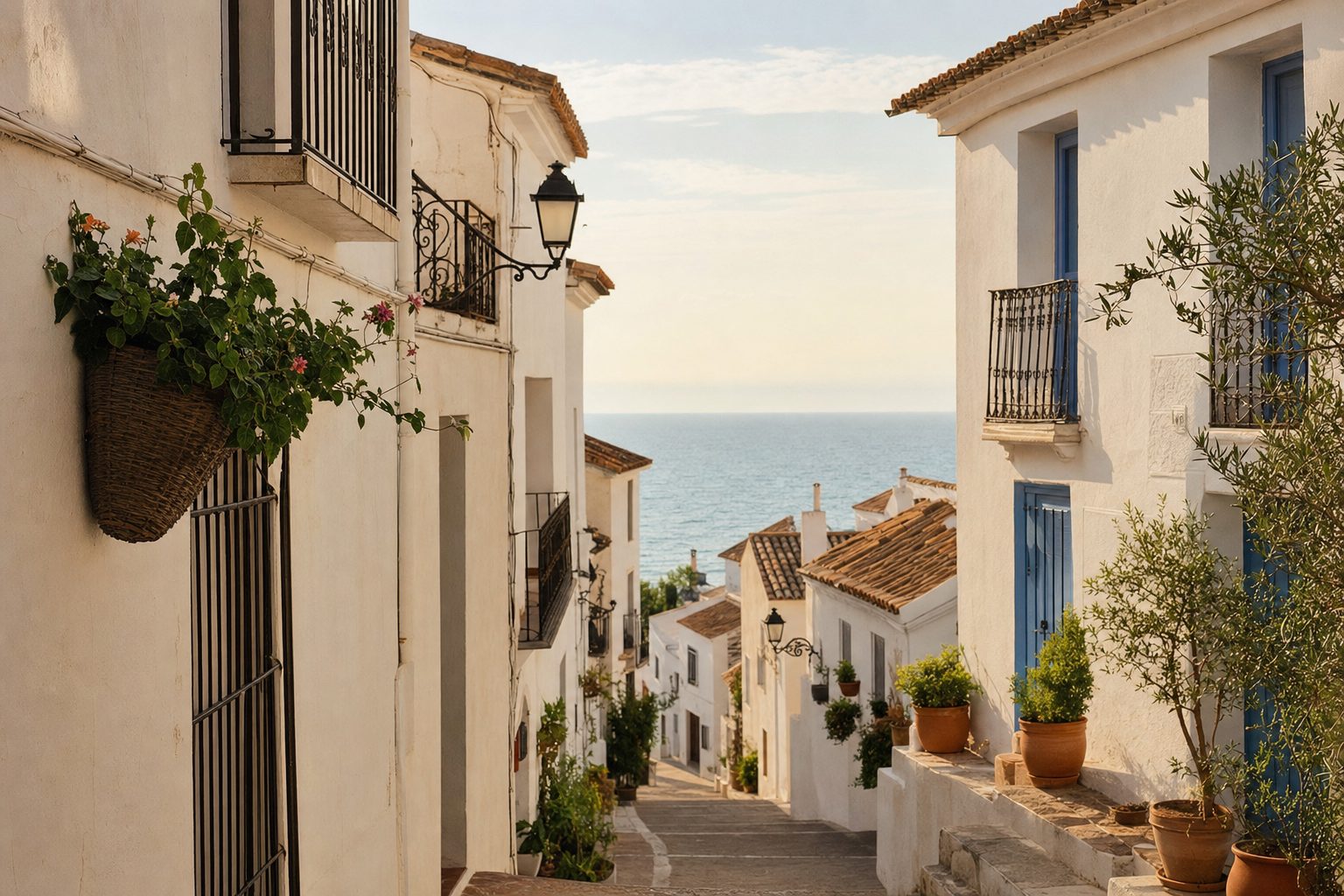 Whitewashed coastal street on the southern Costa Blanca in warm evening light