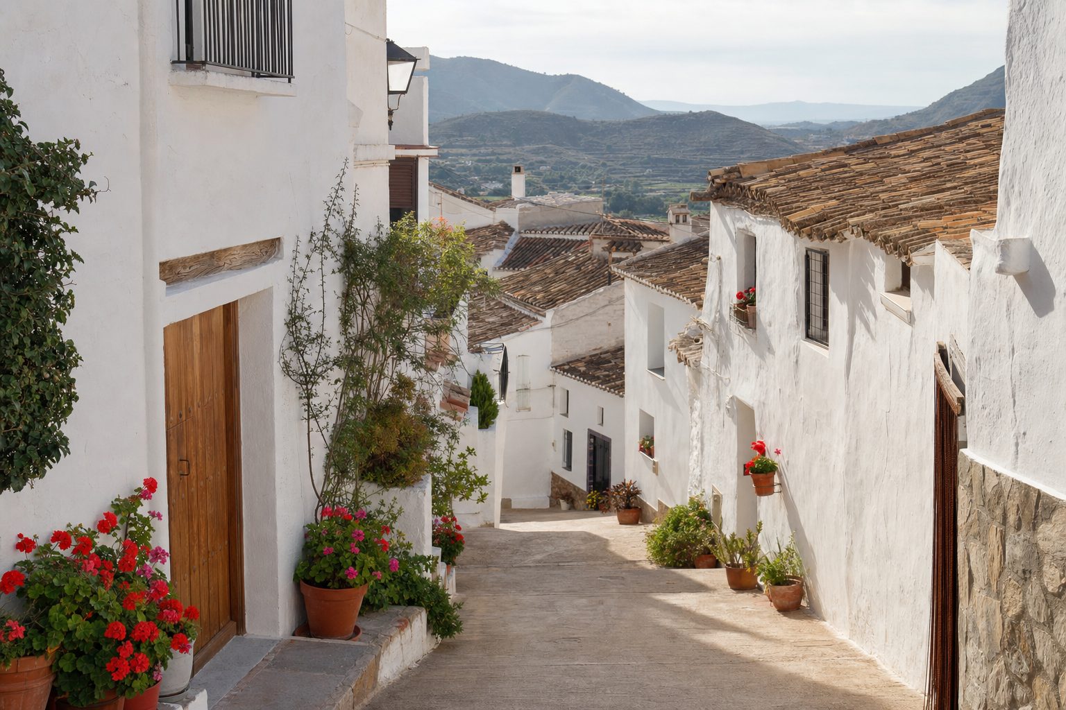 Traditional whitewashed village street in the Costa Blanca hinterland